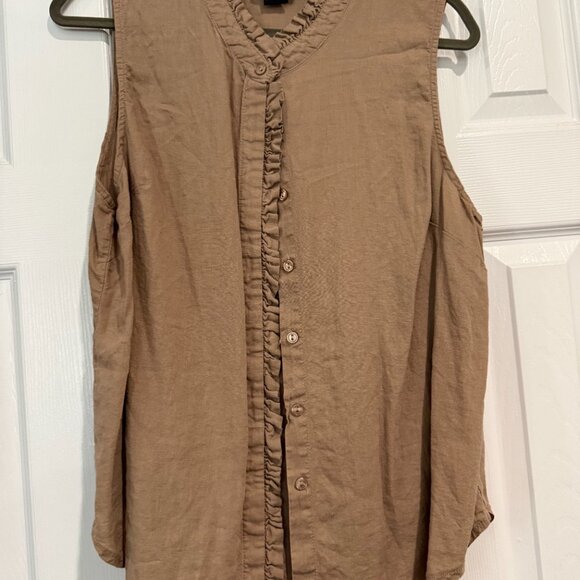 Cynthia Rowley Linen Blend Sleeveless Ruffle Collar Top Tan XL - Picture 2 of 4